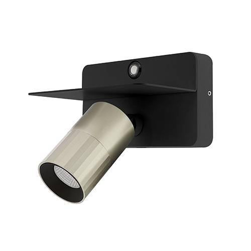 Applique liseuse avec tablette et USB pour éclairer une tête de lit dans un hôtel : Modèle AUREA 3 Noir mat / champagne